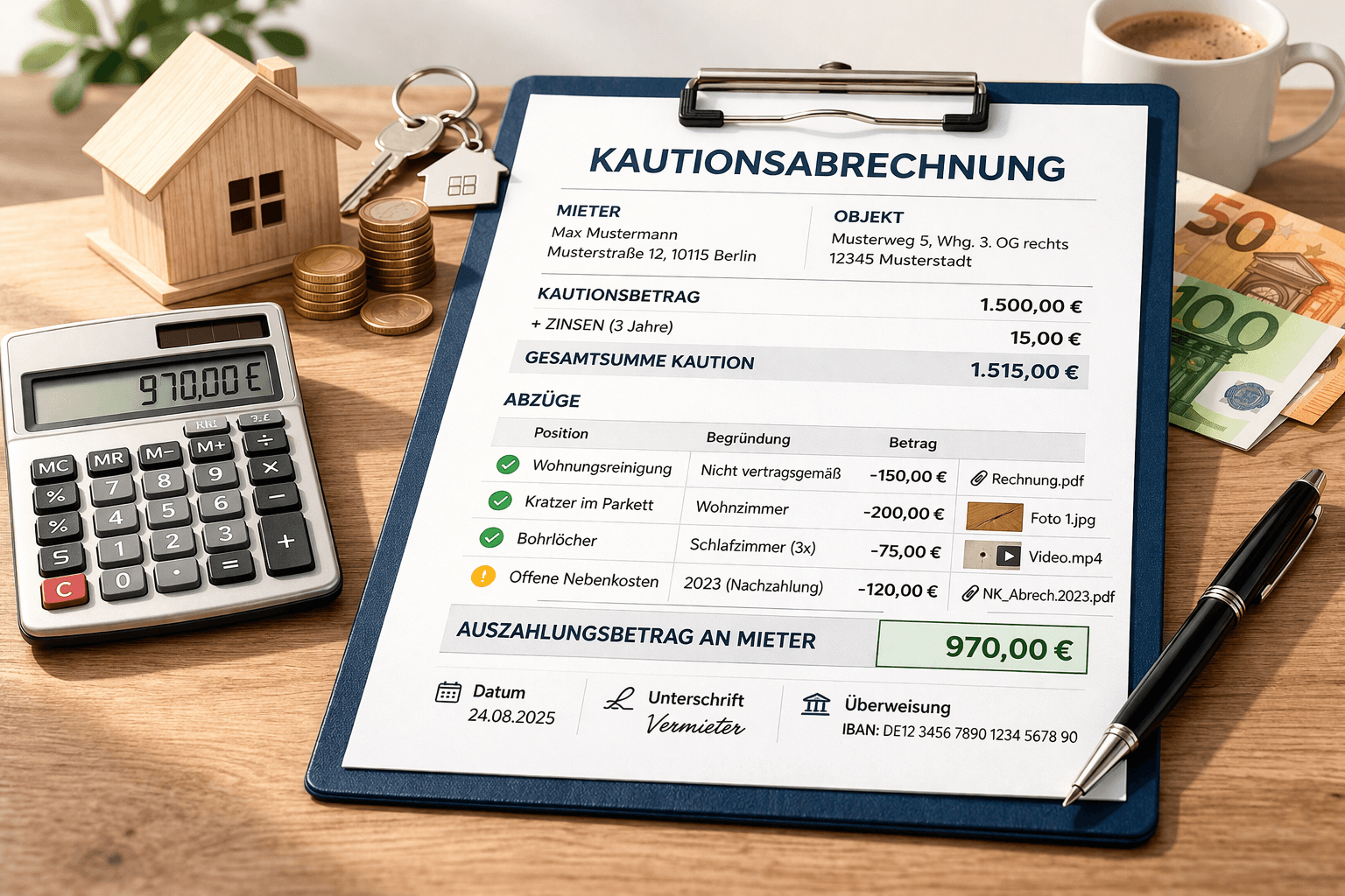 Kautionsabrechnung auf dem Schreibtisch: Abrechnungsdokument mit Auszahlungsbetrag, Münzen und Schlüssel