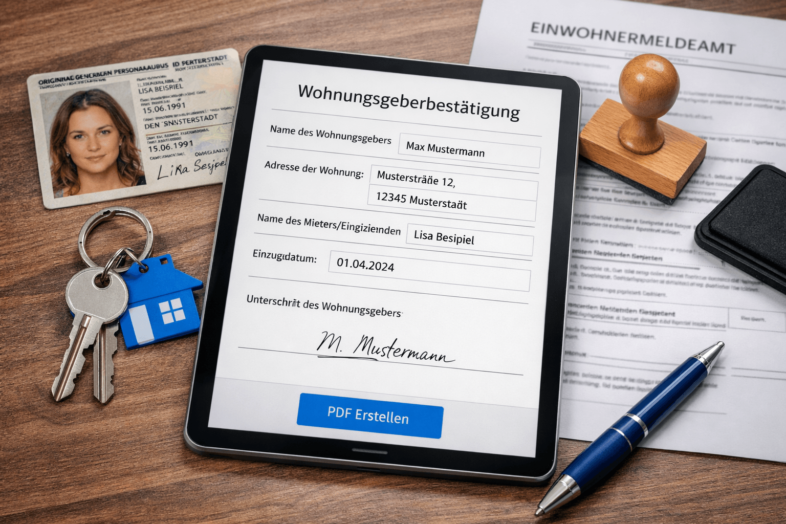 Tablet mit digitaler Wohnungsgeberbestätigung, Personalausweis, Schlüssel und Meldeunterlagen auf dem Schreibtisch