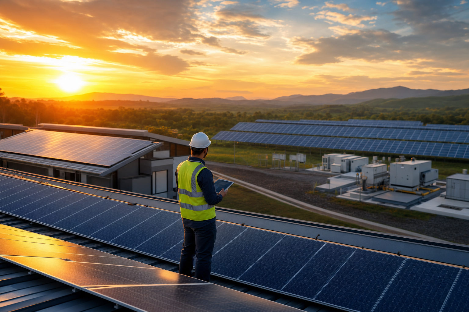 Photovoltaik-Anlagen auf Dächern und Freifläche bei Abendlicht – digitale Energie- und PV-Dokumentation