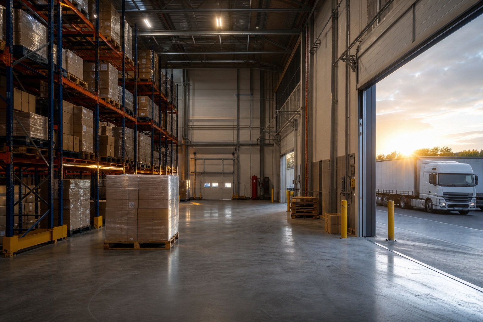 Moderne Lagerhalle mit Regalsystemen und Laderampe – digitale Logistik-Dokumentation