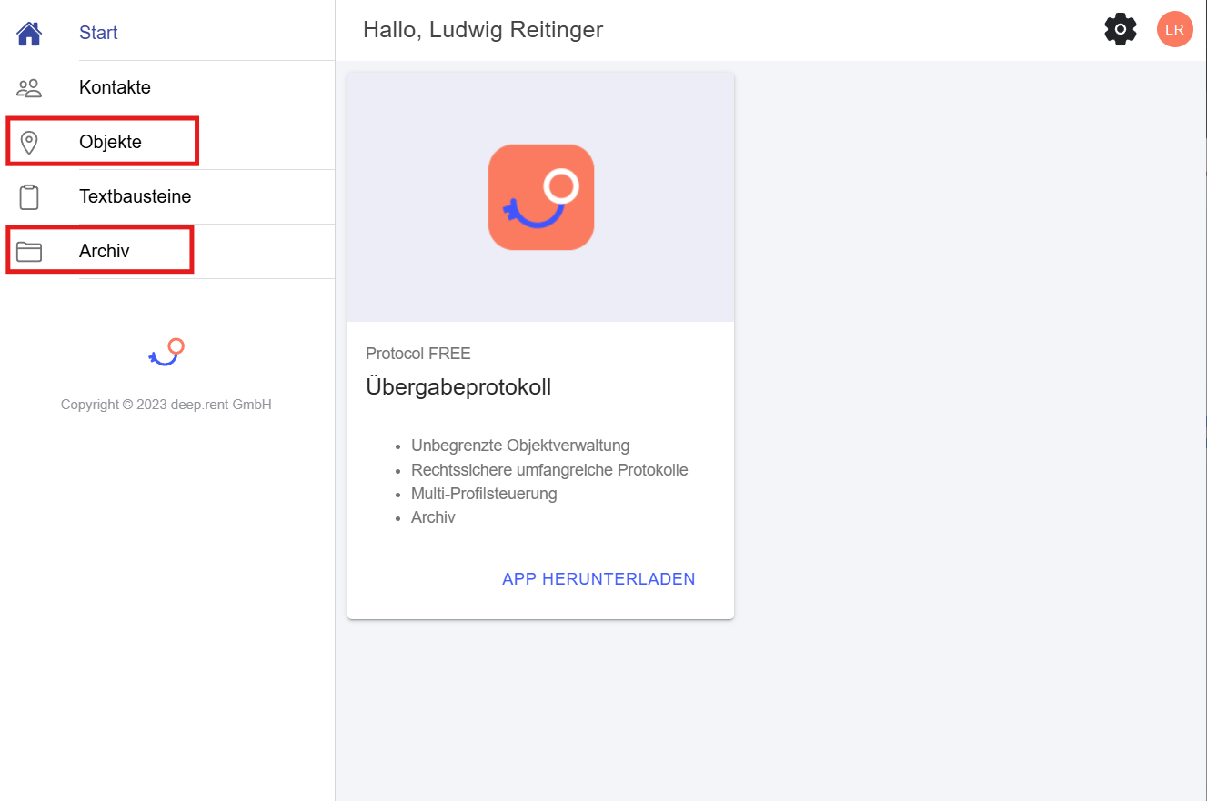 Protocol1 Startseite mit Menüpunkten Objekte und Archiv