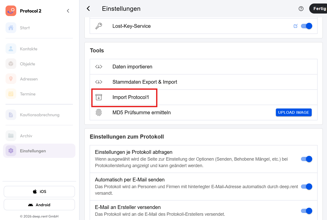 Einstellungen → Tools → Import Protocol1