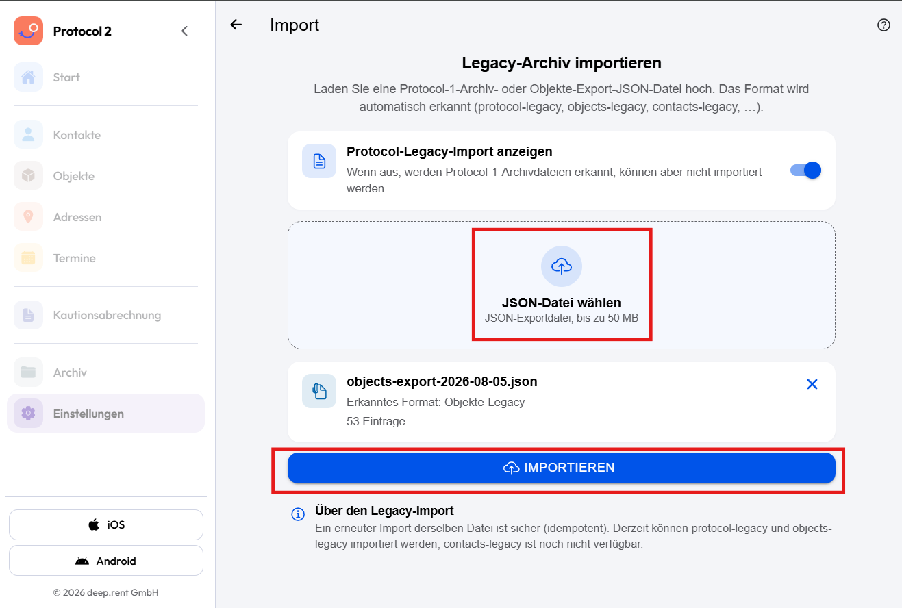 Import Protocol1: JSON-Datei wählen und IMPORTIEREN